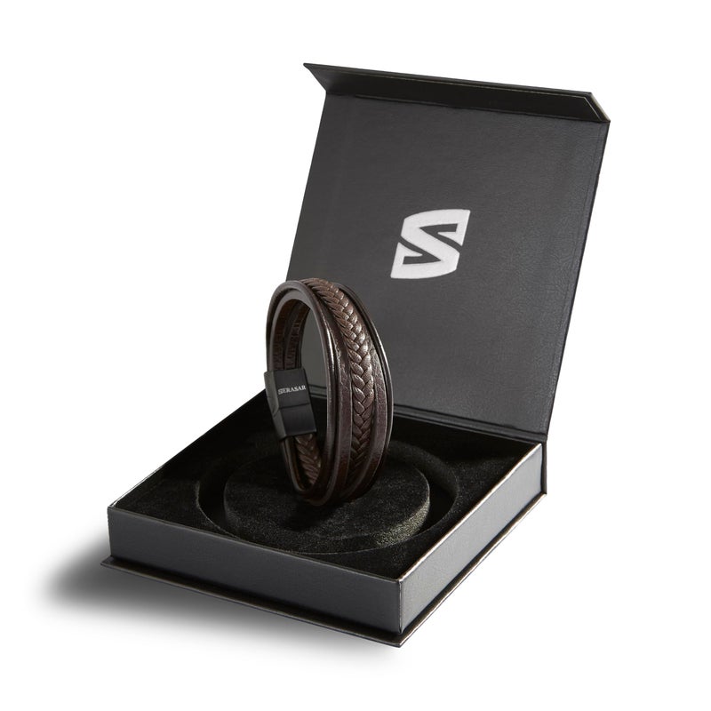 SERASAR 25cm Brown Bracelets Gifts Pure Braided Cowhide Leather Flexible Multi Layer Cord Wrap Box Men Boy Male Bracelet Band Bracelets. - Image 2